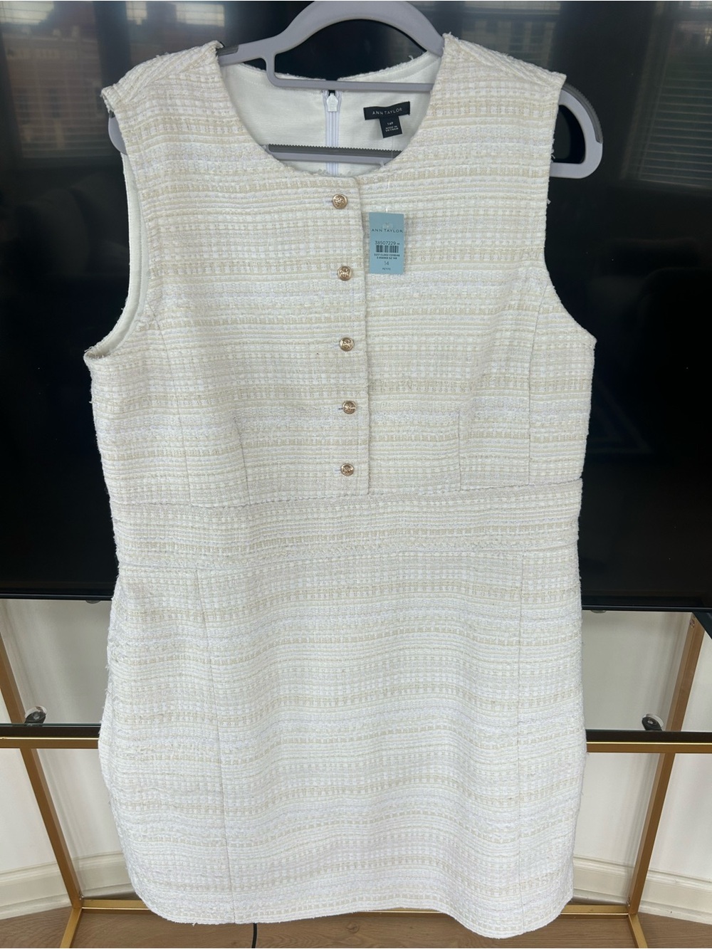 Ann Taylor Cream Textured Sleeveless Shift Dress with Gold Buttons